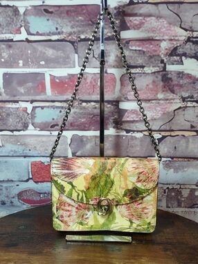 Patricia Nash Green Floral Leather Crossbody Bag with Pink Accents